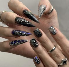 Matching Nails, Punk Nails, Long Acrylic Nail Designs, Gothic Nails, Diy Acrylic Nails, Goth Nails, Edgy Nails, Glow Nails, Crazy Nails