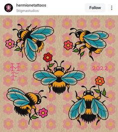 bees and flowers on a pink background with the words,'honeybees '