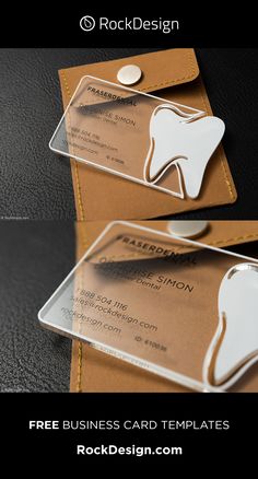 two business cards with a tooth design on the front and back, both in brown leather