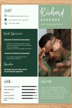 a green and white resume template with a man in the center, on top of a wooden