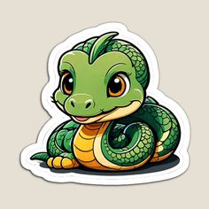 a green and yellow snake sticker on a white background