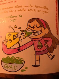 a child's drawing of a girl eating food from a bowl with the words glac written on it