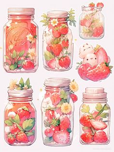 the mason jars are filled with strawberries and other things to make it look like they have