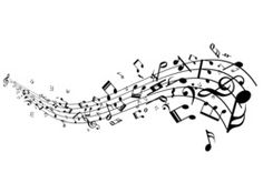 an abstract music background with musical notes and trebles in black and white on a white background