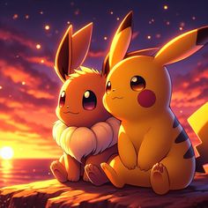 two pikachu sitting next to each other on top of a rock at sunset