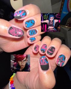 Arcane Nails Design Vi, Jinx Doodles, Fnaf Nails, Vi Nails, Jinx Graffiti, Jinx Tattoo, Doodle Nails, Graffiti Nails