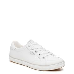 These womens Keds white Center III Leather wide width sneakers are blend style and comfort perfectly for everyday wear. Made of leather upper, these casual sneakers have a round toe and lace-up closure. Along with a padded collar for comfort, features include soft, breathable mesh lining, 10% Recycled PU Foam Softerra footbed with memory foam for sustainable comfort you can rely on, and a flexible rubber outsole. | Keds Women's Center III Leather Wide Width Sneaker in White Leather Wide Size 5 Leather White Sneakers, Shoe Storage Hacks, Womens Keds, Shoe Storage Solutions, Modern Shoes, Keds Shoes, White Leather Sneakers, Stylish Boots, Shoe Company