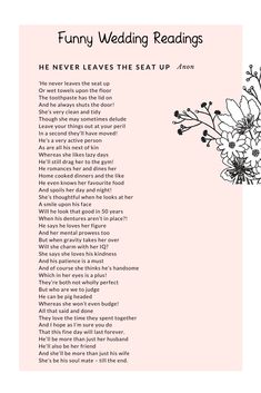 the poem for funny wedding readings is shown in black and white on a pink background