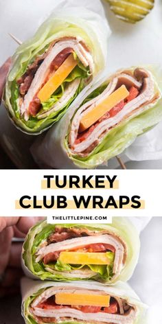 turkey club wraps with lettuce, cheese and bacon on them are ready to be eaten