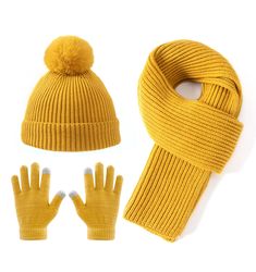 PRICES MAY VARY. 【Premium Quality】This 3pcs Kids winter hat scarf gloves set is woven from premium quality acrylic. Soft, comfortable & skin-friendly. Perfect for keeping you cozy and warm this season. 【3 in 1 Beanie Scarf & Glove Set】1 x Multi-function Knit Beanie Hat + 1 x Full-Size Scarf + 1 Pair x Touchscreen Gloves keep you warm in cold weather. Ideal for child Everyday Wear, Outdoor Activities like Biking, Running, Skiing, or Skating. 【One Size Design】 Our kid beanie scarf glove set is ela Kid Scarf, Crochet Winter Scarf For Kids, Adjustable Yellow Winter Beanie, Yellow Winter Scarf, One Size, Snow Gloves, Kids Winter Hats, Knitted Hats Kids, Pom Pom Beanie Hat, Kids Beanies