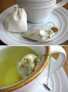 there are two pictures of tea bags in the same cup and saucer, one is filled with green tea