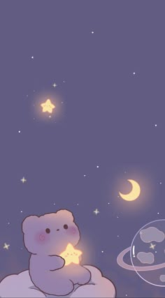 a teddy bear sitting on top of a bed under a night sky