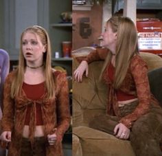 two women in matching outfits sitting on a couch and one is talking to another woman