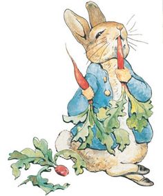 a watercolor painting of a rabbit holding carrots