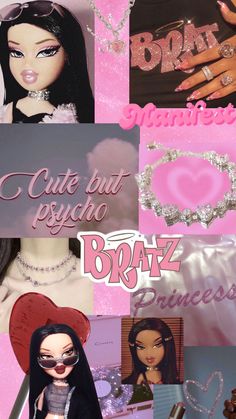 a collage of barbie dolls, jewelry and necklaces with words written on them