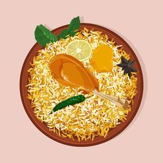 a plate full of rice, lemons and other food items on top of it