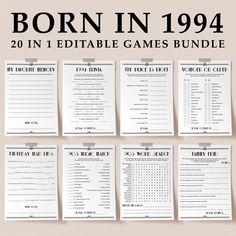 the printable game bundle for born in 1994 is shown on top of a beige background