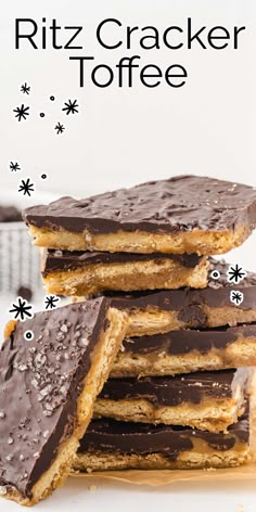three pieces of chocolate covered cracker toffee stacked on top of each other