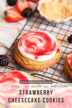 strawberry cheesecake cookies are on a cooling rack