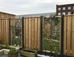 the fence is made of wood and has plants growing on it, along with other wooden fences