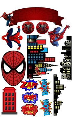 the spider man wall decals are in various shapes and sizes, all with different colors