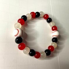 Handmade Elastic Red, Black, And White Bracelet With Baseballs On It Perfect For Any Arizona Diamondbacks Fan Or Any Baseball Mom Or Fan One Size Fits Most Brand New, Never Worn Ships Within 1-2 Days B202 Beaded Memory Wire Bracelets, Beaded Memory Wire, Adjustable Bangle Bracelet, Cluster Bracelets, White Bracelet, Rose Gold Quartz, Arizona Diamondbacks, Stainless Steel Bangles, White Bracelets