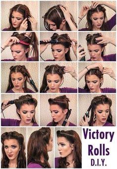 Up Easy Hairstyles, Rockabilly Hair Tutorials, Pin Up Hairstyles, Pinup Hair Tutorial, Hairstyles Step By Step, 40s Hairstyles, 1950s Hairstyles