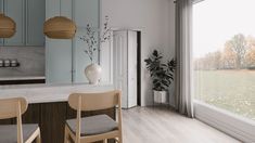 A pair of white bifold doors with arched panel details in a modern kitchen with blue cabinets and grey wood floors Bifold Pantry Doors, Bifold Pantry, Kitchen With Blue Cabinets