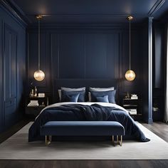 Dark bedroom ideas Blue And Black Bedroom, Grey Bedroom Ideas For Men, Dark Blue Bedroom Ideas, Blue And Grey Bedroom, Modern Mens Bedroom, Minimalistic Furniture, Modern Grey Bedroom, Blue Gray Bedroom, Dark Blue Bedrooms