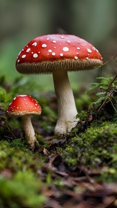 two mushrooms are sitting on the mossy ground