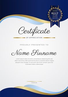 an award certificate is shown in blue and gold colors with a ribbon around the edges