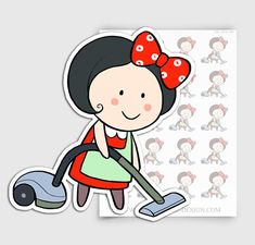 a girl with a red bow vacuuming the floor sticker on a white background