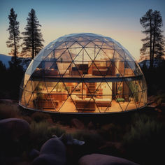 the inside of a glass dome house in the middle of some rocks and trees at sunset