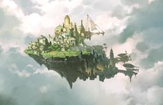 an island floating in the sky with clouds