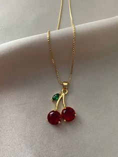 Dainty cherry pendant necklace -18k gold plated.  Non-tarnish and waterproof. Available with matching earrings (sold separately) Gold Cherry Necklace, Cherries Outfit, خواتم خطوبة, Cherry Necklace, Fancy Jewelry Necklace, Pretty Jewelry Necklaces, Gift Ideas For Women, Jewelry Accessories Ideas, Classy Jewelry