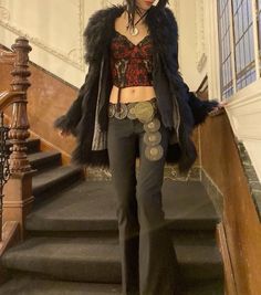 Modern Day Royalty Aesthetic, Navy Blue Party Outfit, Business Casual Punk Outfits, Rockstar Girlfriend Aesthetic Outfits Winter, Fur Leather Jacket Outfit, Goth Hippie Outfits, Wolf Outfit, Modeling Outfits, Marla Singer