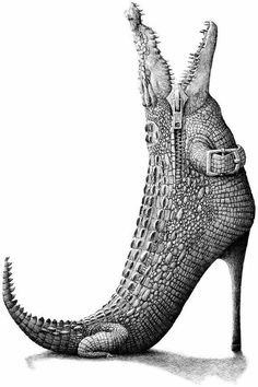 a drawing of a high heeled shoe with an alligator's head sticking out