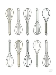 six wire whisk attachments in various sizes and colors on a white background