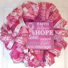 Breast Cancer Awareness Wreath, Cancer Strength Wreath, Encouragement Gift, Pink Ribbon Decor for your Porch Beautifully Pink! What an incredible way to show your support to a special person. This beautiful pink breast cancer awareness wreath is a perfect gift for a patient, survivor, family or doctor's office.  Or just treat yourself - You desrve it!  Proudly display in October for breast cancer awareness month or all year long. This wreath can be hung indoors or outside under a covered area ou Awareness Wreath, Ribbon Decor, Patriotic Art, Survivor Gift, Doctor's Office, Encouragement Gift, Encouragement Gifts, Ribbon Wreath, Patriotic Wreath