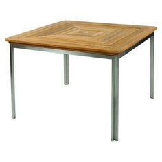 a square wooden table with metal legs