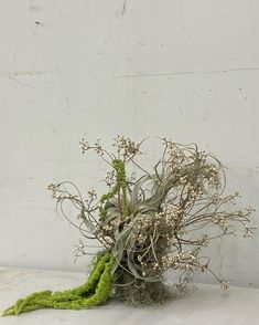 an arrangement of white flowers and greenery on a table