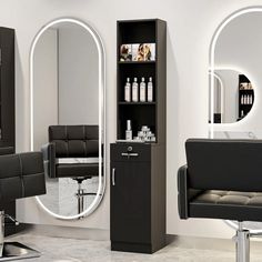 a hair salon with mirrors and chairs in it