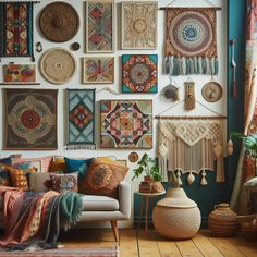 a living room filled with lots of different types of wall hangings