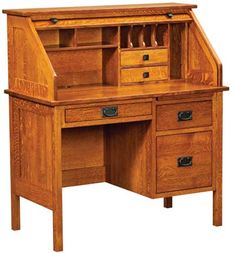 a wooden desk with two drawers and an open book shelf on the top, in front of a white background