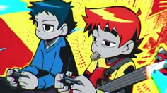 two young boys are playing the guitar together