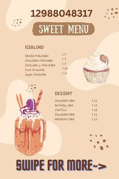 a menu with different types of desserts on it