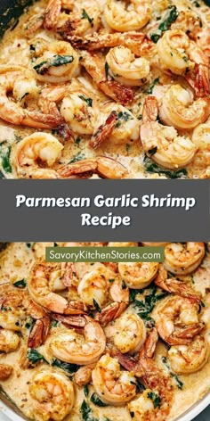 a pan filled with cooked shrimp and spinach