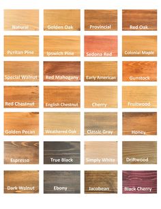 wood stain chart with different colors and names