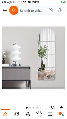 an image of a white room with a plant in the corner and a mirror on the wall