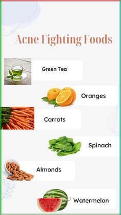 Incorporating acne-fighting foods into your diet can significantly improve skin health. Green tea is rich in antioxidants like EGCG, which reduce inflammation and help control excess oil production. Oranges, high in vitamin C, promote collagen production and repair damaged skin, while also fighting inflammation. Carrots, loaded with beta-carotene (vitamin A), help regulate skin cell turnover and reduce acne-causing blockages. Spinach, full of vitamins and antioxidants, helps detoxify the skin and reduce inflammation. Almonds, with their vitamin E content, protect the skin from oxidative damage. Finally, watermelon, with its high water content, keeps skin hydrated and helps flush out toxins. Together, these foods can contribute to clearer, healthier skin. Remedies For Hyperpigmentation, Flush Out Toxins, Reduce Acne, Healthier Skin, Oil Production, Acne Solutions, Beta Carotene